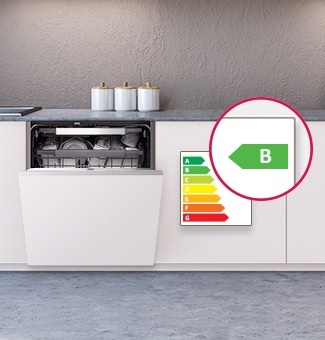 Máquina de lavar loiça de encastre com a porta parcialmente aberta e uma etiqueta energética classe B.